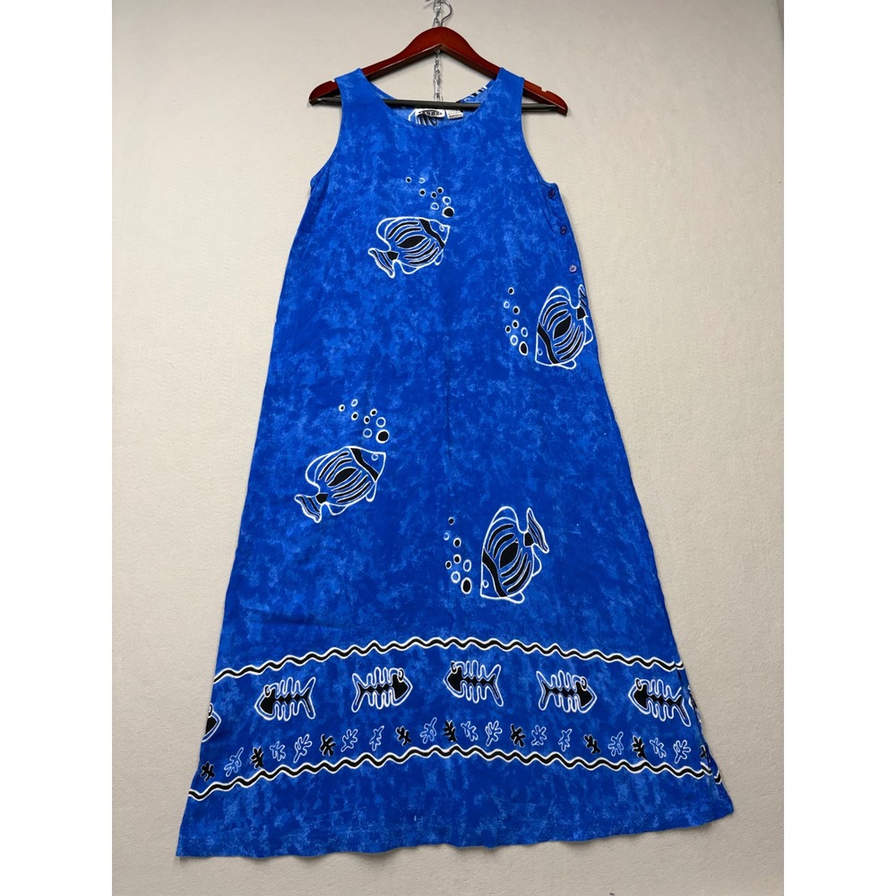MTB Meant To Be Maxi Dress Womens M Blue Tropical Fish Rayon Sleeveless Vintage